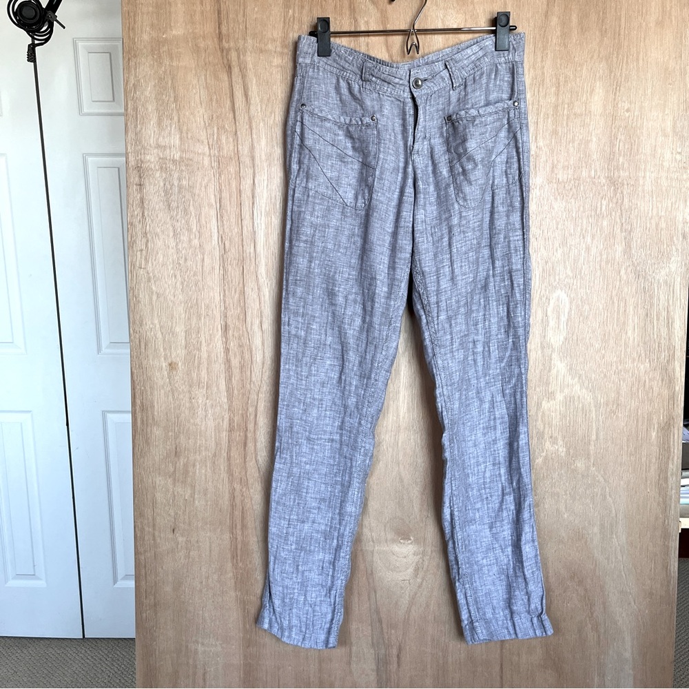 Horny Toad Lithe Gray 100% Linen Slim Straight Pants Interior Waist Drawstring 2
